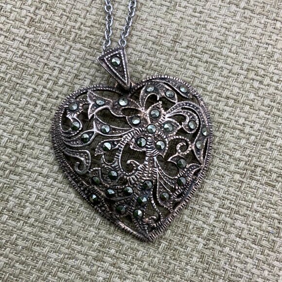 French Design Marcasite Vintage Reticulated Sterling Heart Pendant - Picture 1 of 9